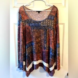 Signature Studio Blue Rust Red Gold Boho Crochet Scarf Point Sheer Sweater Large